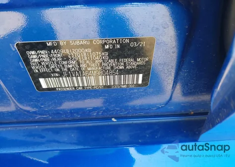 2021 Subaru Wrx from USA, damaged, VIN JF1VA1A64M9804854